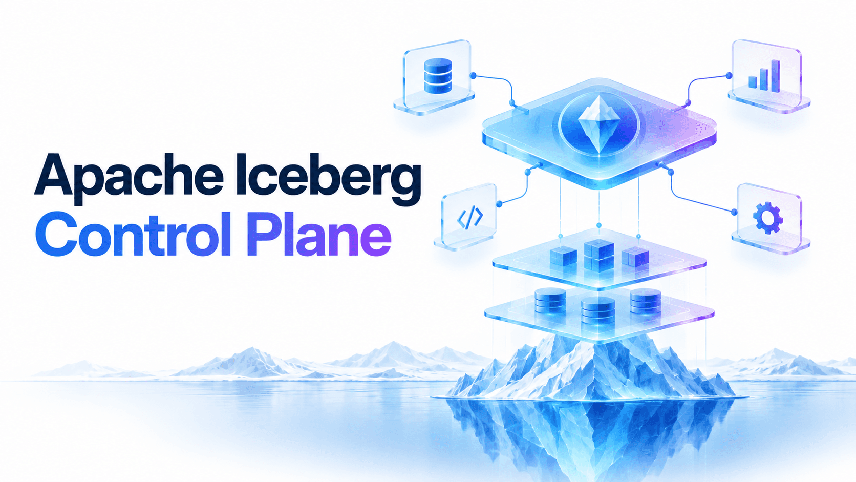 Apache Iceberg Control Plane — isometric architecture with Iceberg logo, catalog, analytics, and operations layers above an iceberg lakehouse