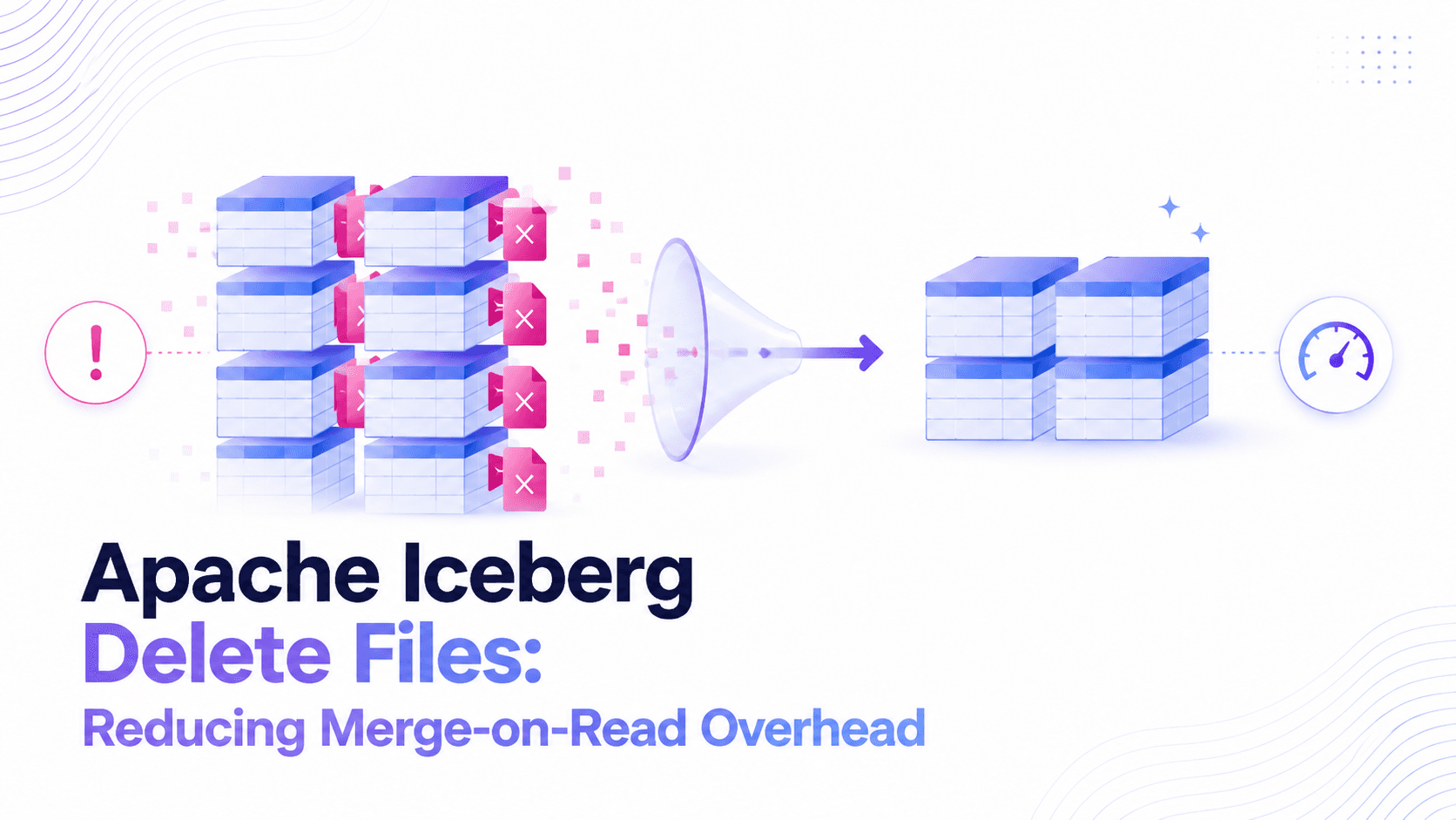 Apache Iceberg Delete Files — stacked data blocks with pink delete file markers funneled through compaction into clean, optimized data with a performance gauge showing improved read speed