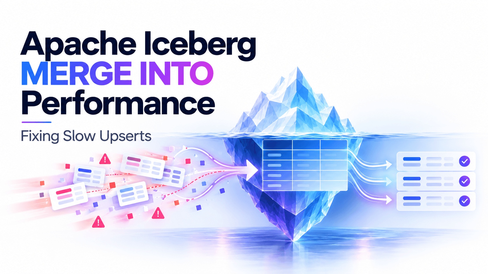 Apache Iceberg MERGE INTO performance: messy incoming upserts flowing into an Iceberg table and landing as clean, applied rows