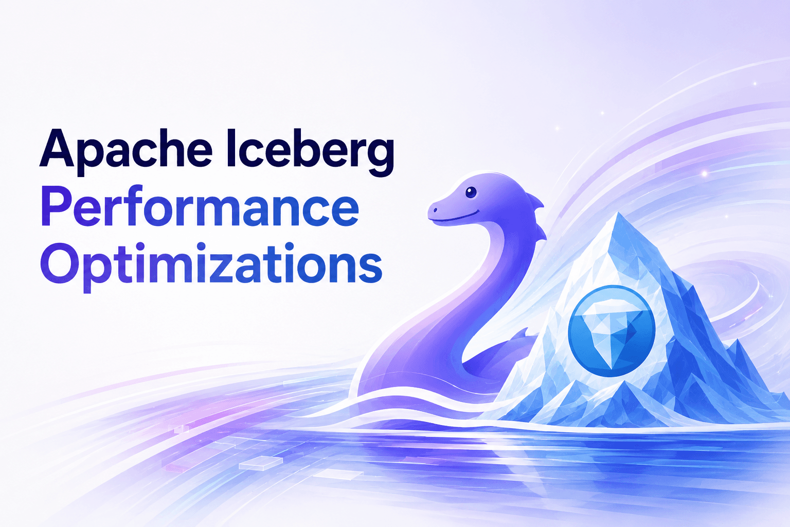 Apache Iceberg Performance Optimizations — Nessie mascot beside a geometric iceberg with the Iceberg logo, illustrating lakehouse performance tuning from queries to tables.