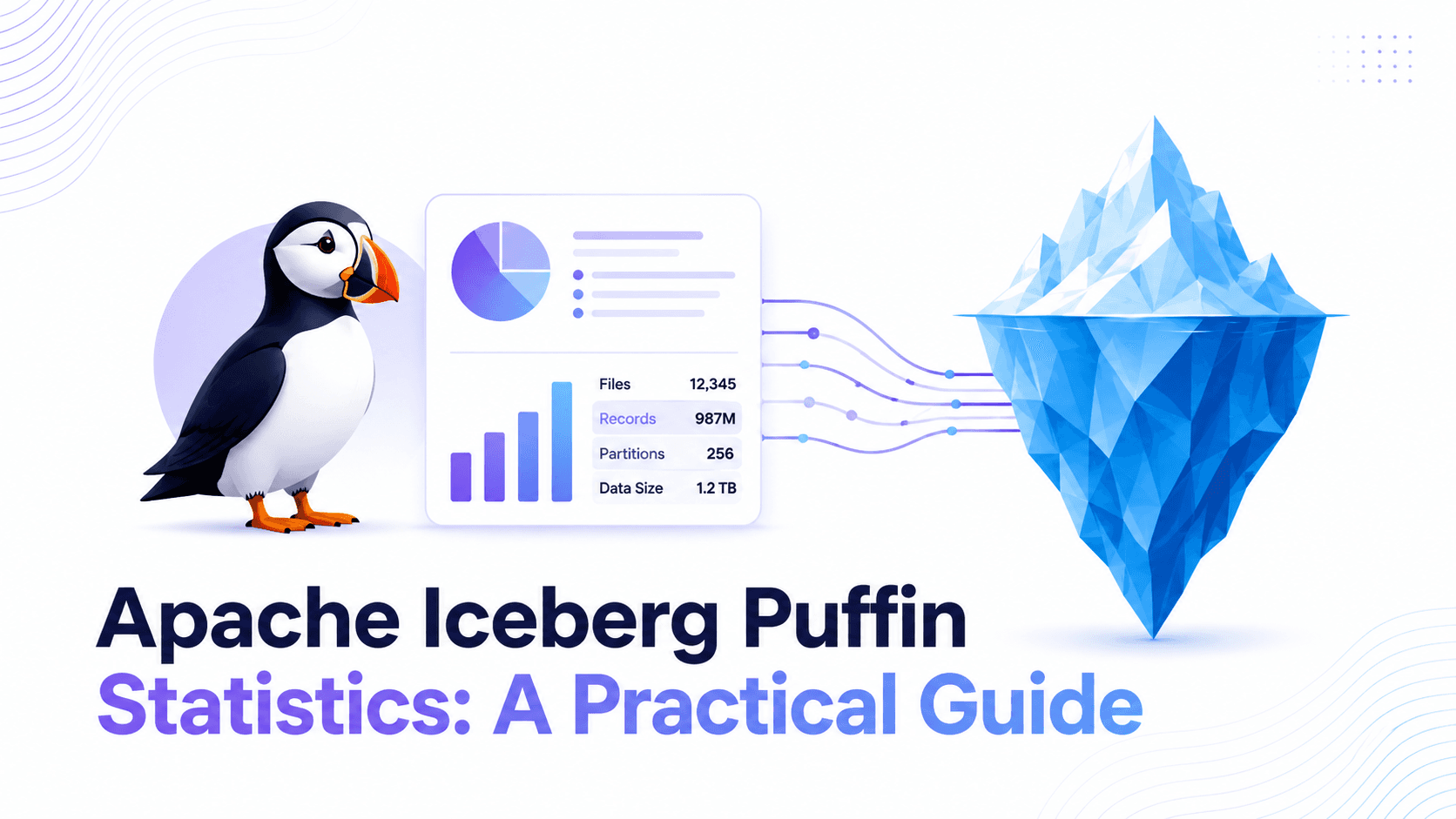 Apache Iceberg Puffin Statistics — a puffin bird beside a statistics dashboard showing file counts, records, partitions, and data size, connected to a geometric iceberg