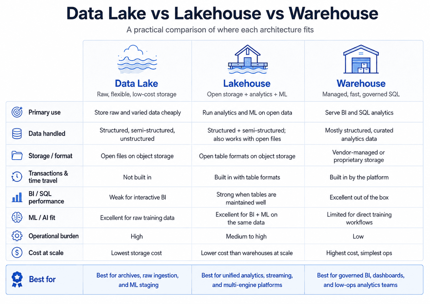 Data Lake vs Lakehouse vs Warehouse — practical comparison table