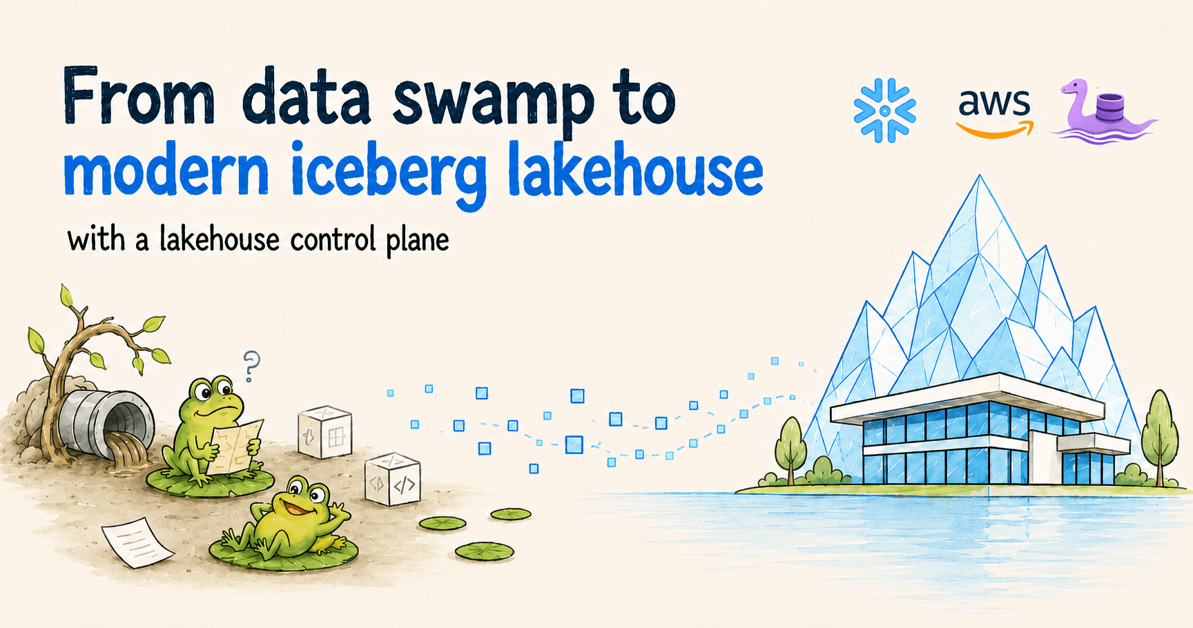 From data swamp to modern Iceberg lakehouse — illustrated journey from scattered files and broken schemas through Apache Iceberg to a managed lakehouse with a control plane