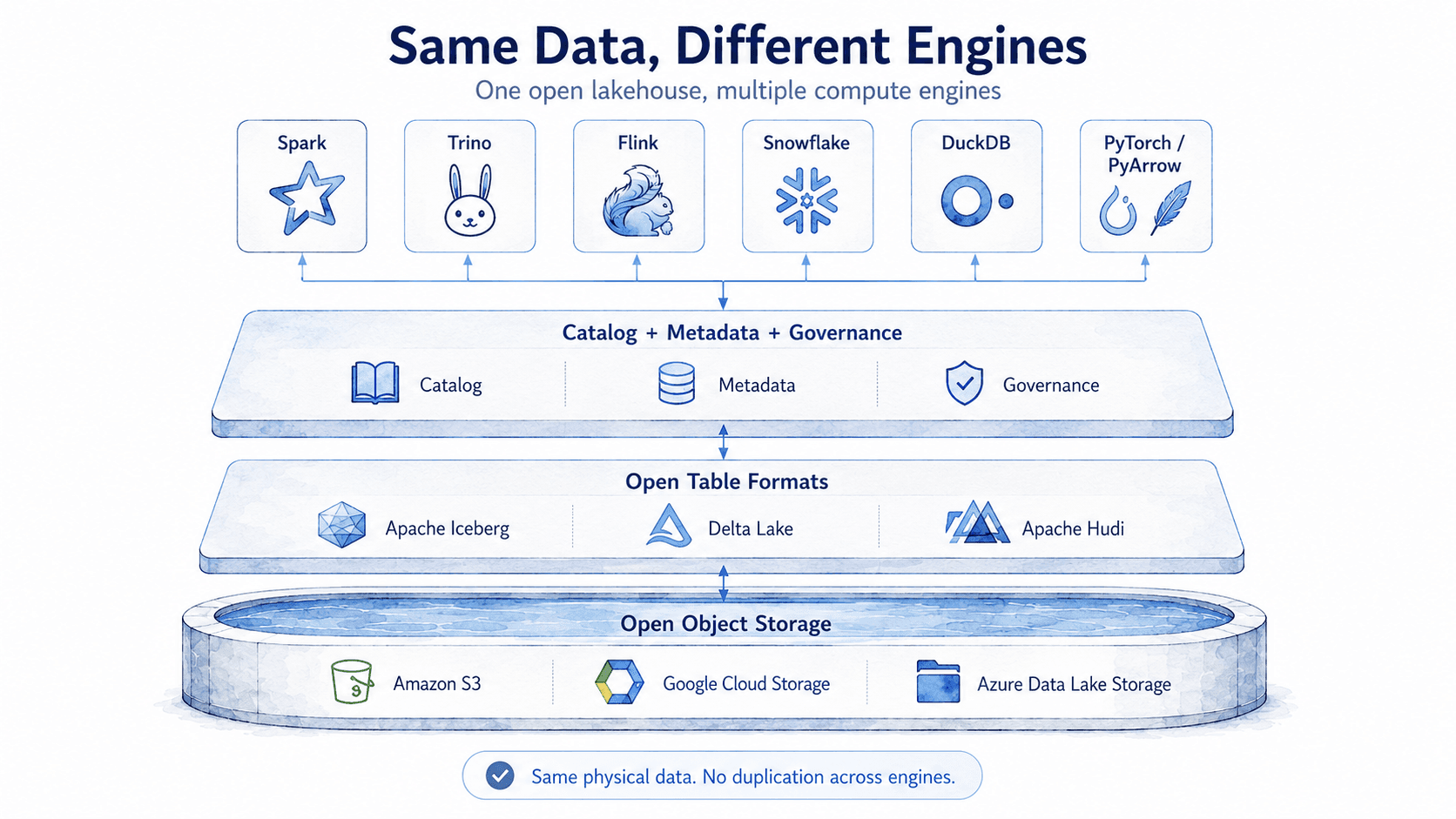 Same data, different engines — open lakehouse layered architecture