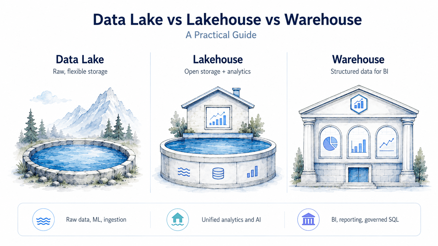 Data Lake vs Lakehouse vs Warehouse: A Practical Guide — watercolor illustration comparing a natural data lake (raw flexible storage), a lakehouse (open storage with analytics on the water), and a data warehouse (structured BI building with charts in the windows)