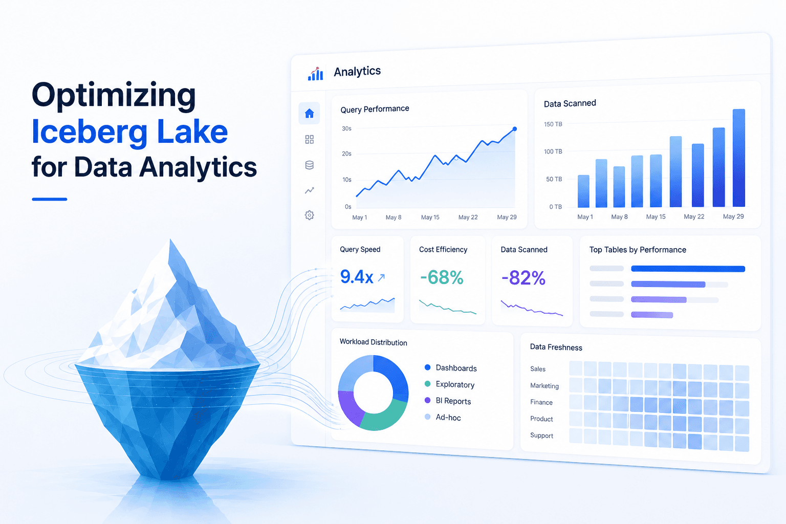 Iceberg Lake for Data Analytics: Optimization Guide — iceberg on water with analytics dashboard showing 9.4× query speed, 68% cost efficiency gain, and 82% less data scanned