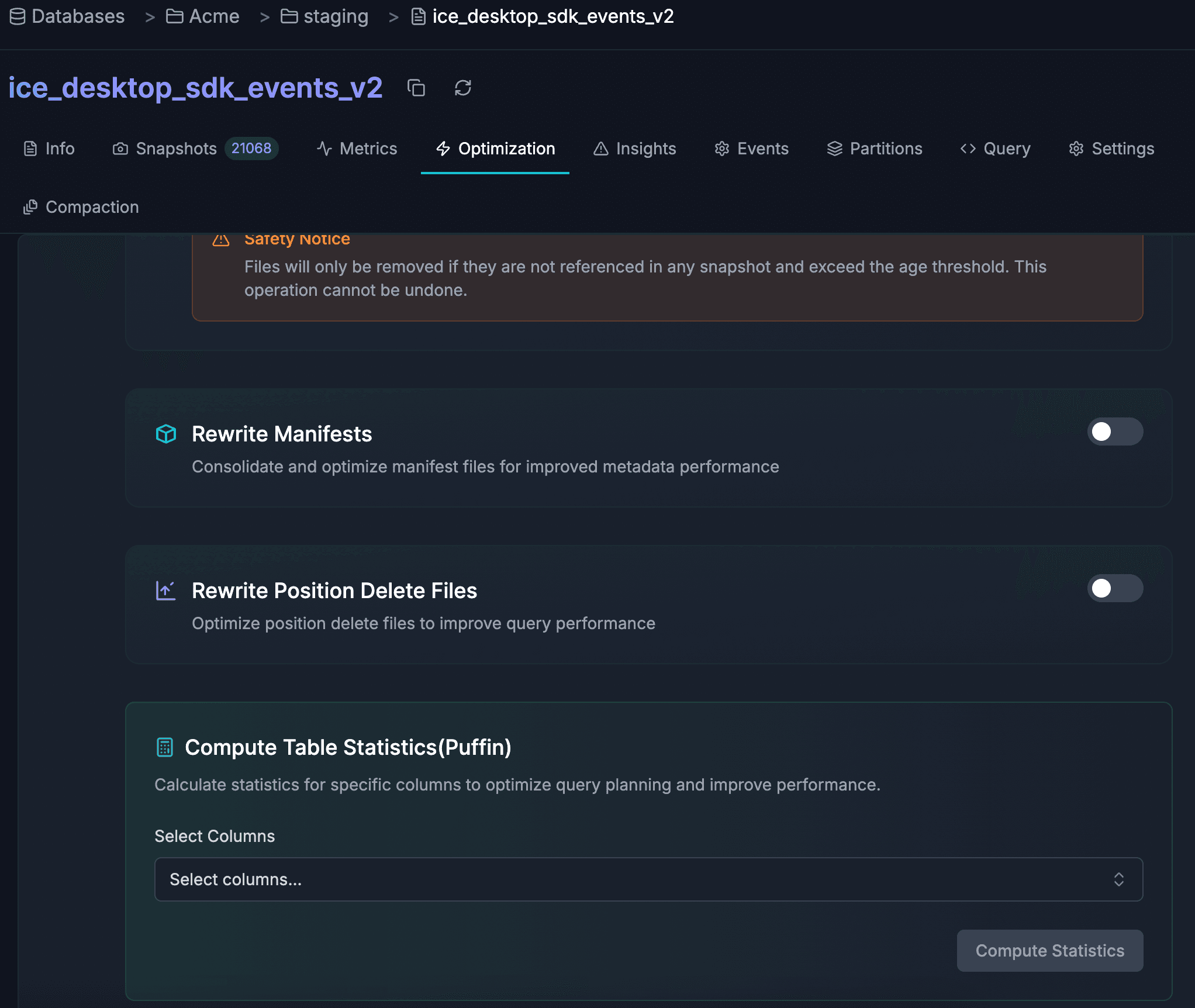 LakeOps Optimization tab showing Rewrite Manifests and Rewrite Position Delete Files