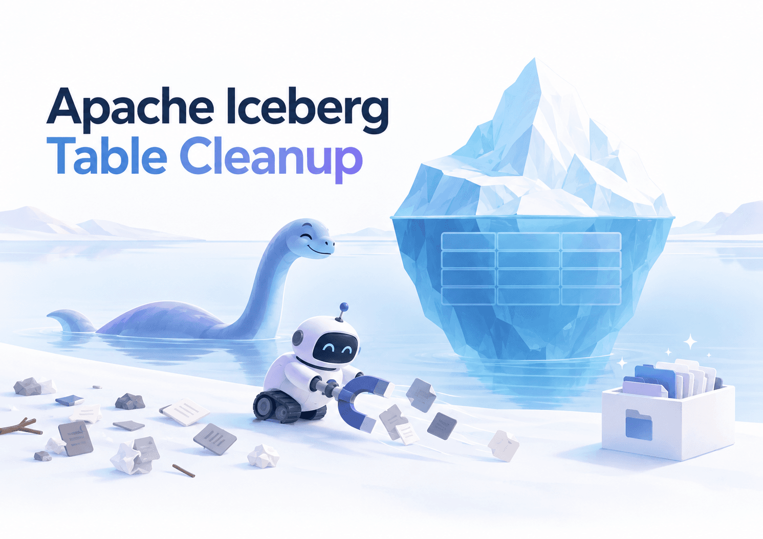 Apache Iceberg Table Cleanup — a small robot vacuuming orphan files from an icy lakehouse while an Iceberg table and friendly Nessie look on.
