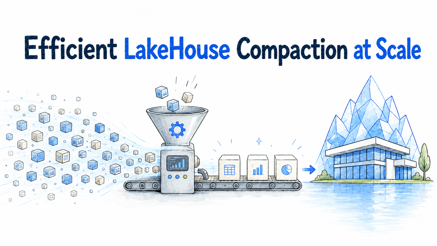 Efficient LakeHouse Compaction at Scale — scattered small data-block cubes funnel through a compaction machine onto a conveyor belt of optimized blocks, leading to a crystal-clear iceberg lakehouse
