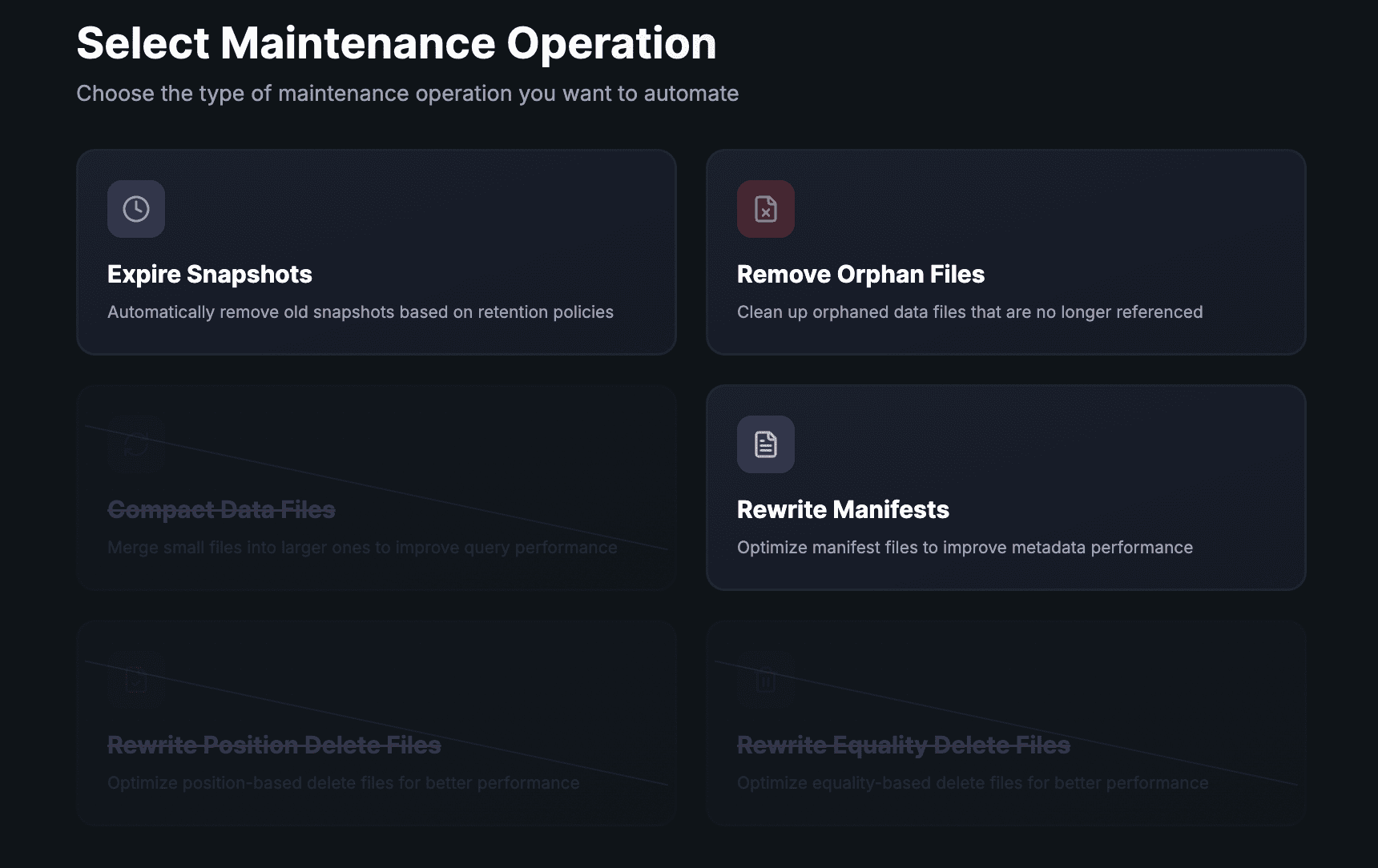 Select Maintenance Operation — six policy types available for automation