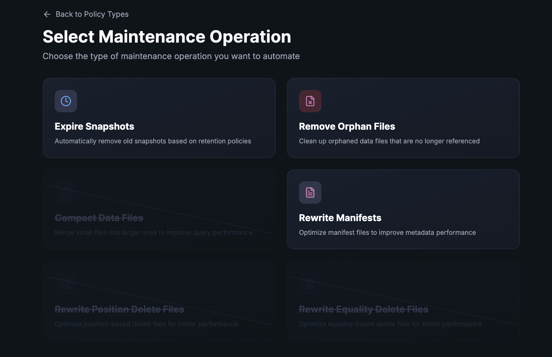 Select Maintenance Operation — policy creation wizard showing six operation types