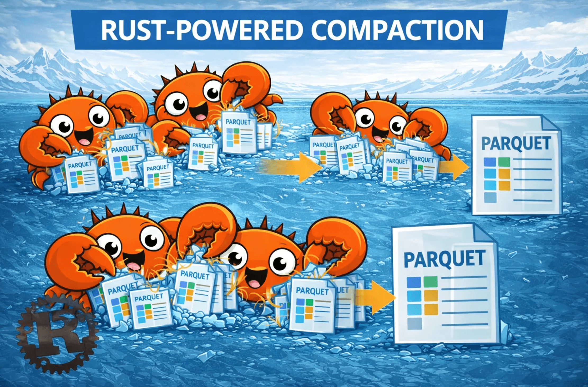 Rust-powered compaction — Ferris crabs compacting Parquet files