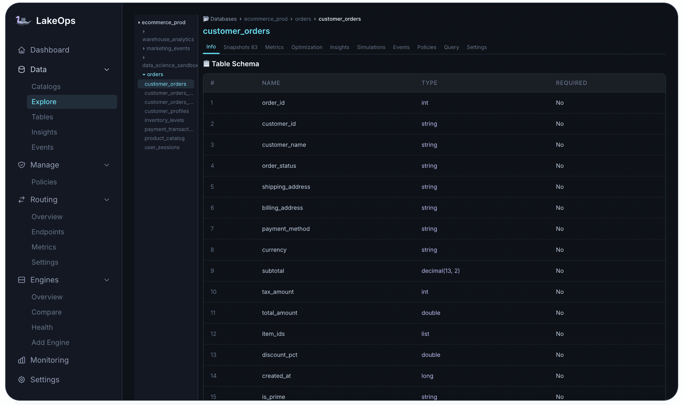 LakeOps connected catalogs and table explorer