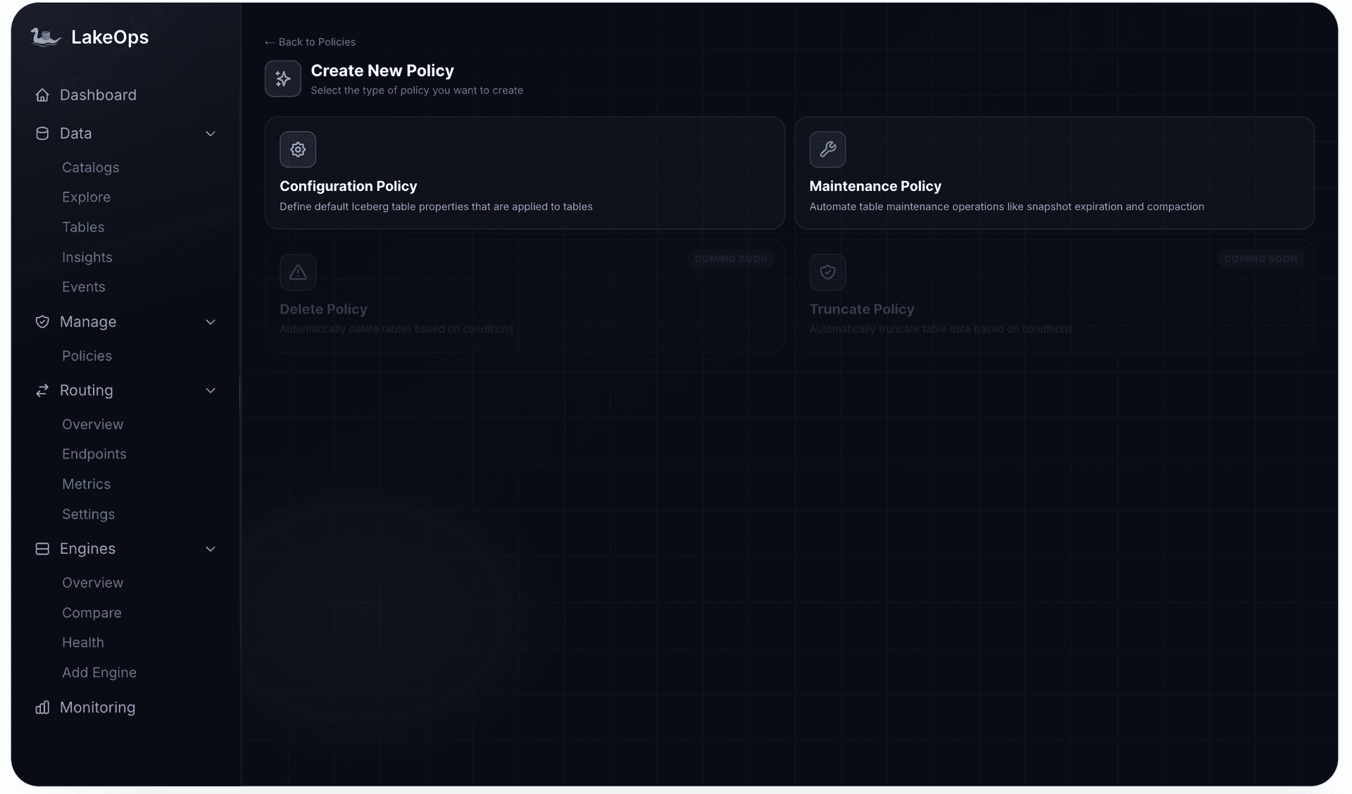 LakeOps Policy Creation — select operation type, configure scope and schedule