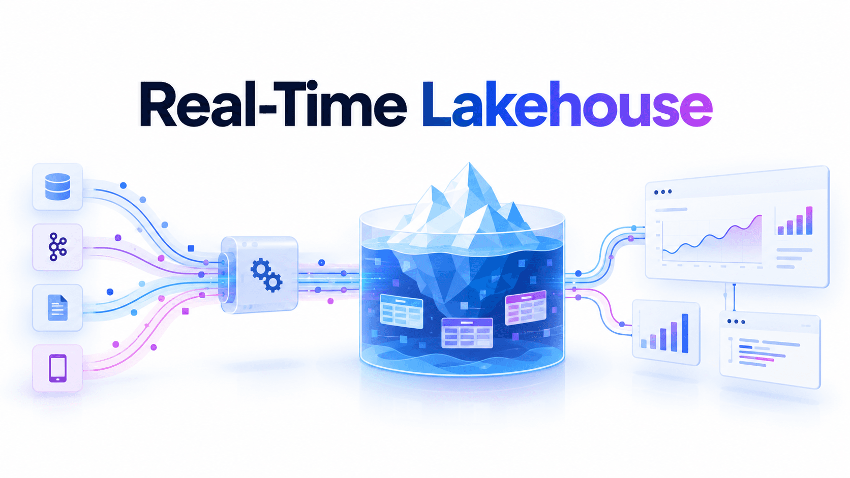 Real-time lakehouse diagram: databases, event streams, files, and devices streaming through a processing layer into an Apache Iceberg lakehouse that serves live dashboards and applications