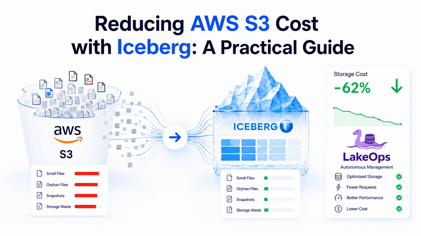 Reducing AWS S3 cost with Apache Iceberg — diagram showing S3 storage and API cost vectors from Iceberg write patterns and the optimization strategies that address them