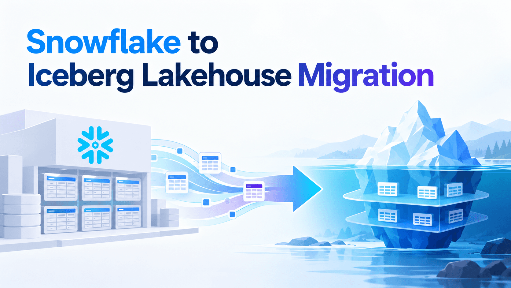Snowflake to Iceberg lakehouse migration: tables flowing from a Snowflake warehouse into an Apache Iceberg lakehouse on open storage