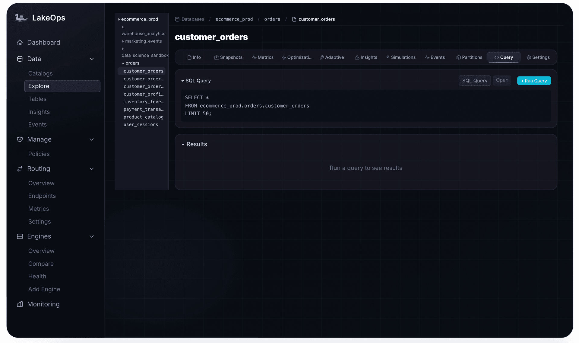 Table query editor — SQL against Iceberg tables